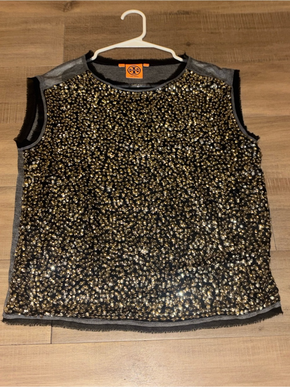 Tory Burch Embellished Tank Top in Black & Gold Sequins Small